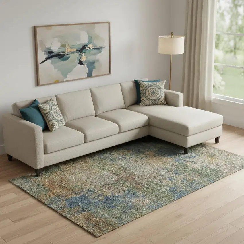 Denim Blue And Beige Abstract Washable Area Rug With UV Protection Photo 2