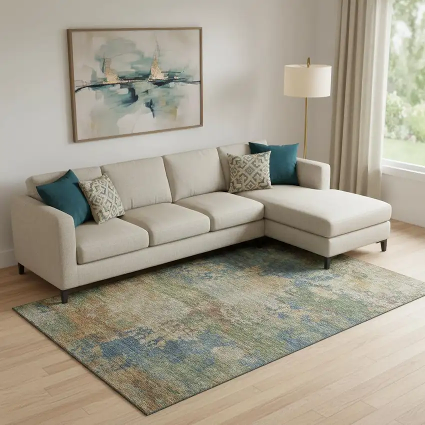 Denim Blue And Beige Abstract Washable Area Rug With UV Protection Photo 2