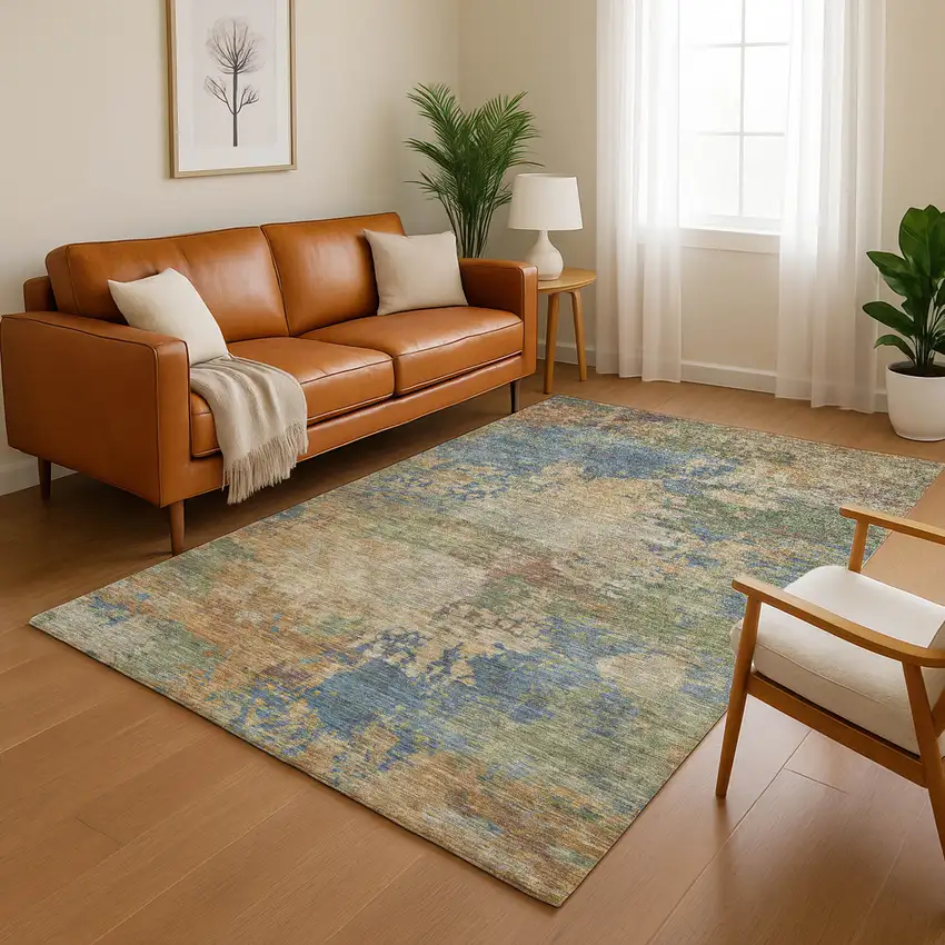 Denim Blue And Beige Abstract Washable Area Rug With UV Protection Photo 5