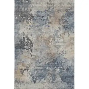 Photo of Denim Blue And Beige Abstract Washable Area Rug With UV Protection