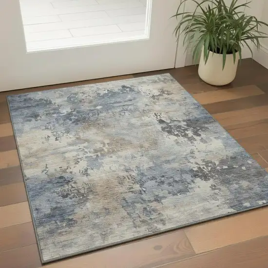 Denim Blue And Beige Abstract Washable Area Rug With UV Protection Photo 2