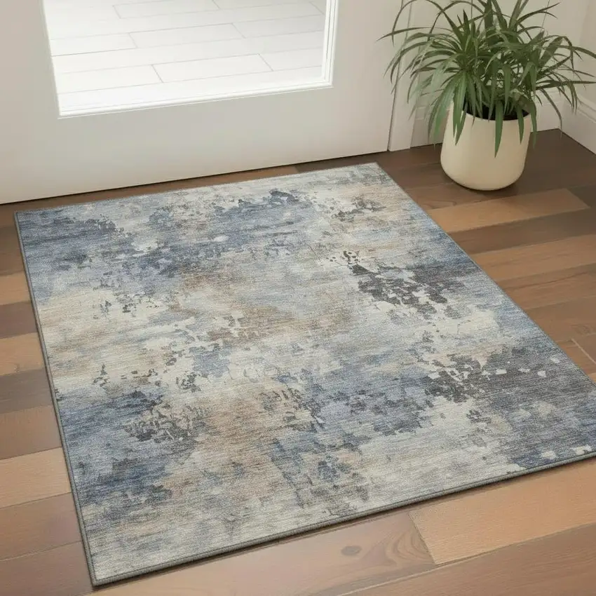 Denim Blue And Beige Abstract Washable Area Rug With UV Protection Photo 2