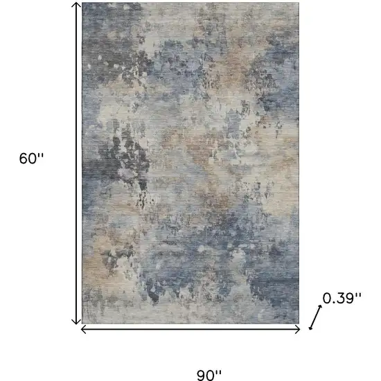 Denim Blue And Beige Abstract Washable Area Rug With UV Protection Photo 9