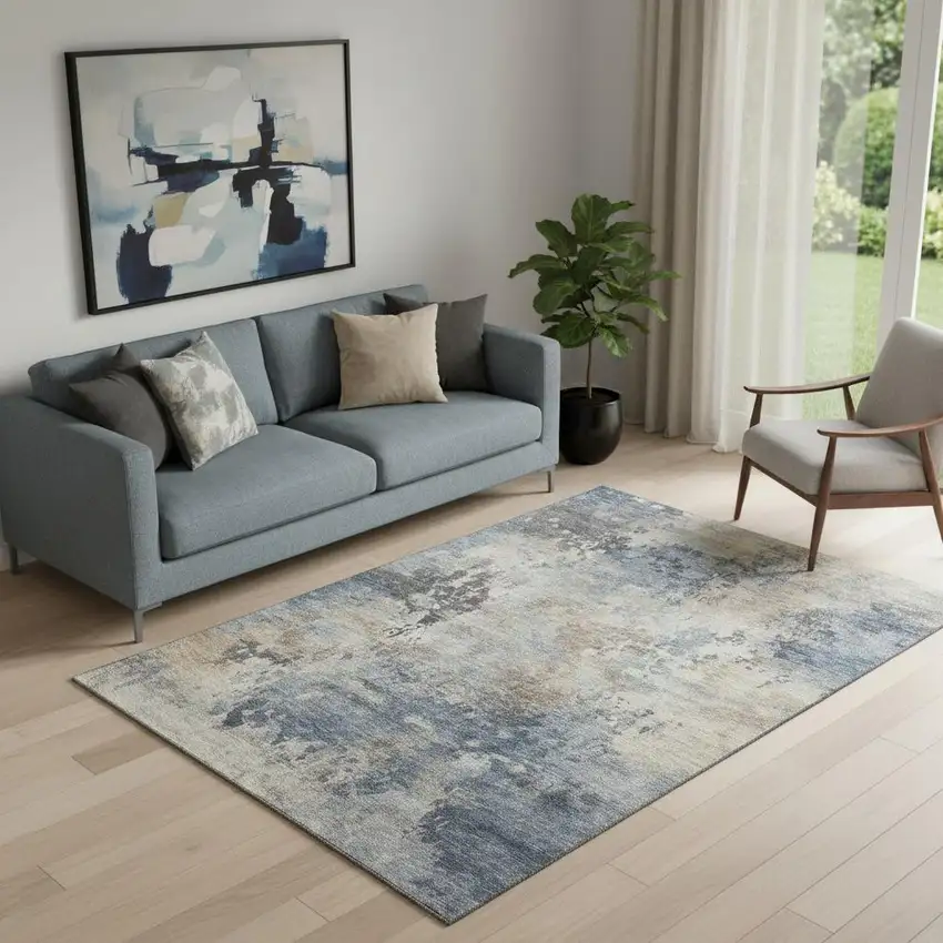 Denim Blue And Beige Abstract Washable Area Rug With UV Protection Photo 2