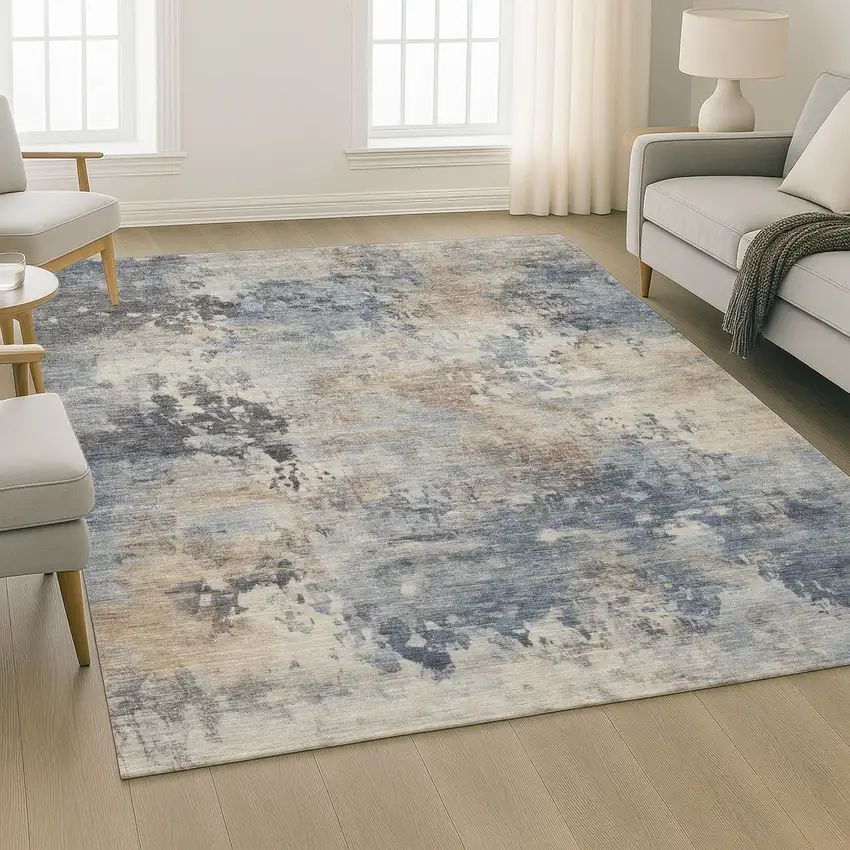Denim Blue And Beige Abstract Washable Area Rug With UV Protection Photo 6