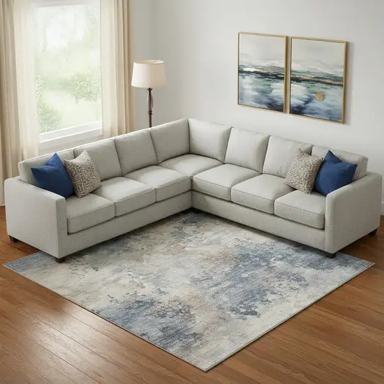 Denim Blue And Beige Abstract Washable Area Rug With UV Protection Photo 2