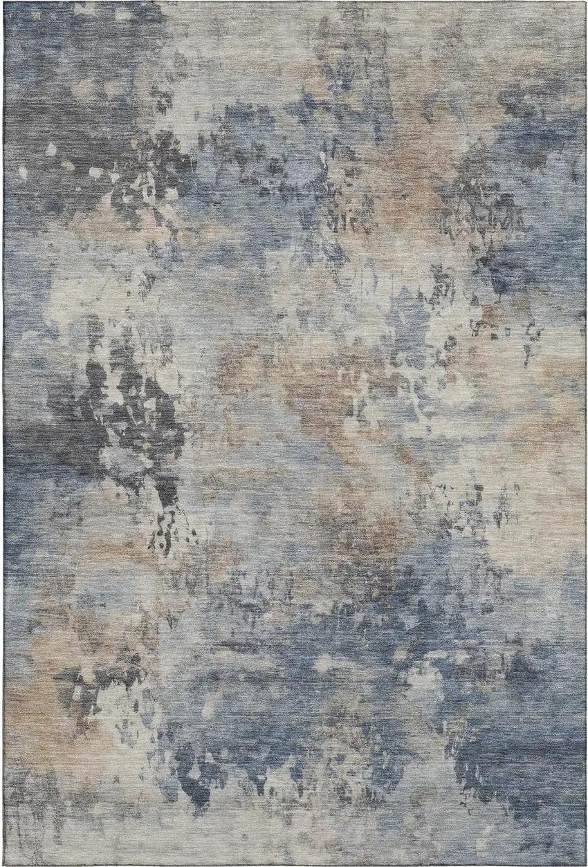 Denim Blue And Beige Abstract Washable Area Rug With UV Protection Photo 1