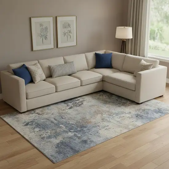 Denim Blue And Beige Abstract Washable Area Rug With UV Protection Photo 2