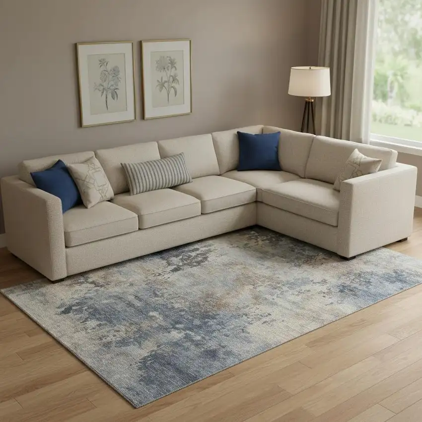 Denim Blue And Beige Abstract Washable Area Rug With UV Protection Photo 2