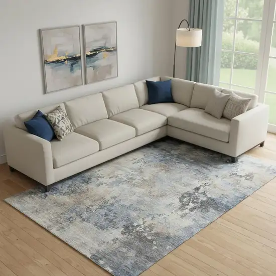 Denim Blue And Beige Abstract Washable Area Rug With UV Protection Photo 2