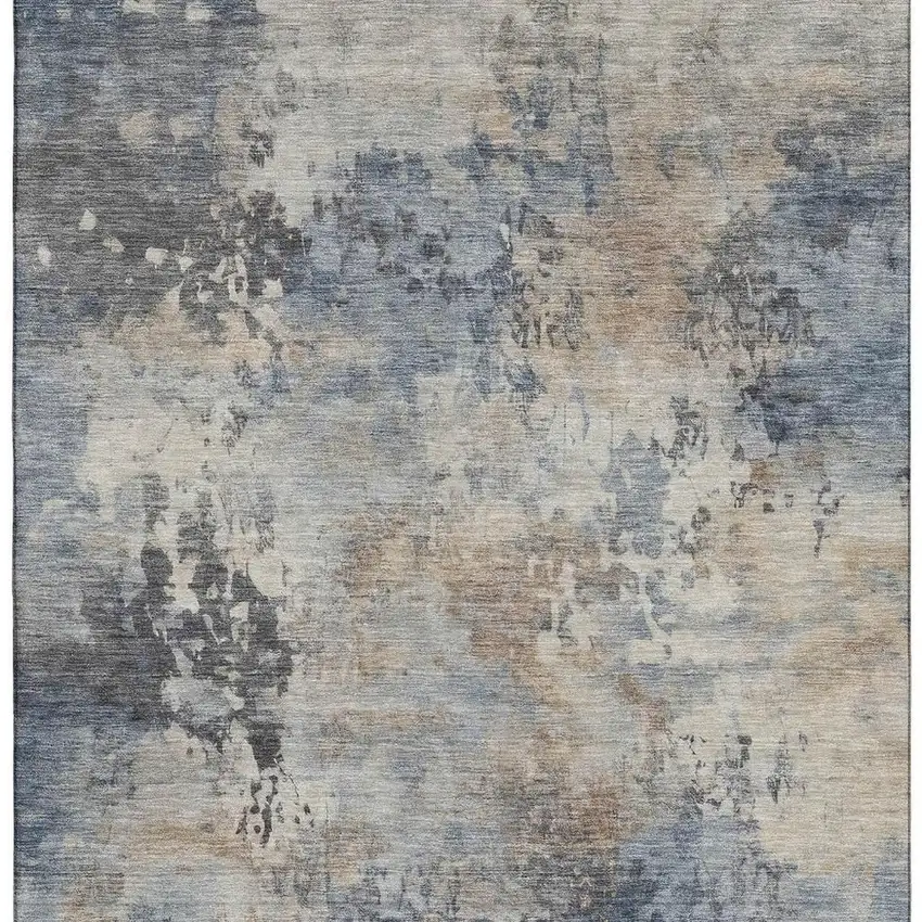 Denim Blue And Beige Abstract Washable Area Rug With UV Protection Photo 4