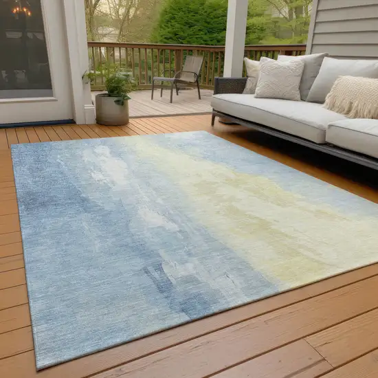 Denim Blue And Beige Abstract Washable Indoor Outdoor Area Rug Photo 7