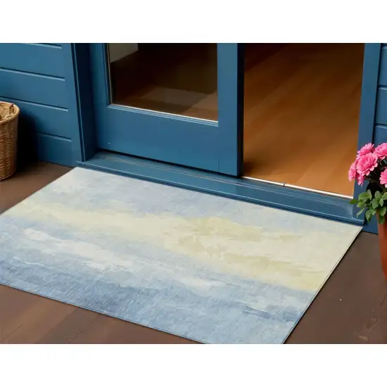 Denim Blue And Beige Abstract Washable Indoor Outdoor Area Rug Photo 2