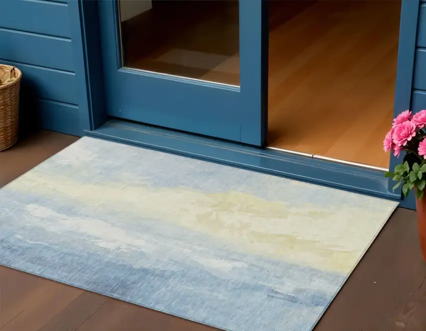 Denim Blue And Beige Abstract Washable Indoor Outdoor Area Rug Photo 2