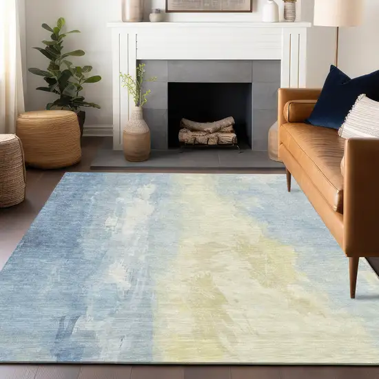 Denim Blue And Beige Abstract Washable Indoor Outdoor Area Rug Photo 5