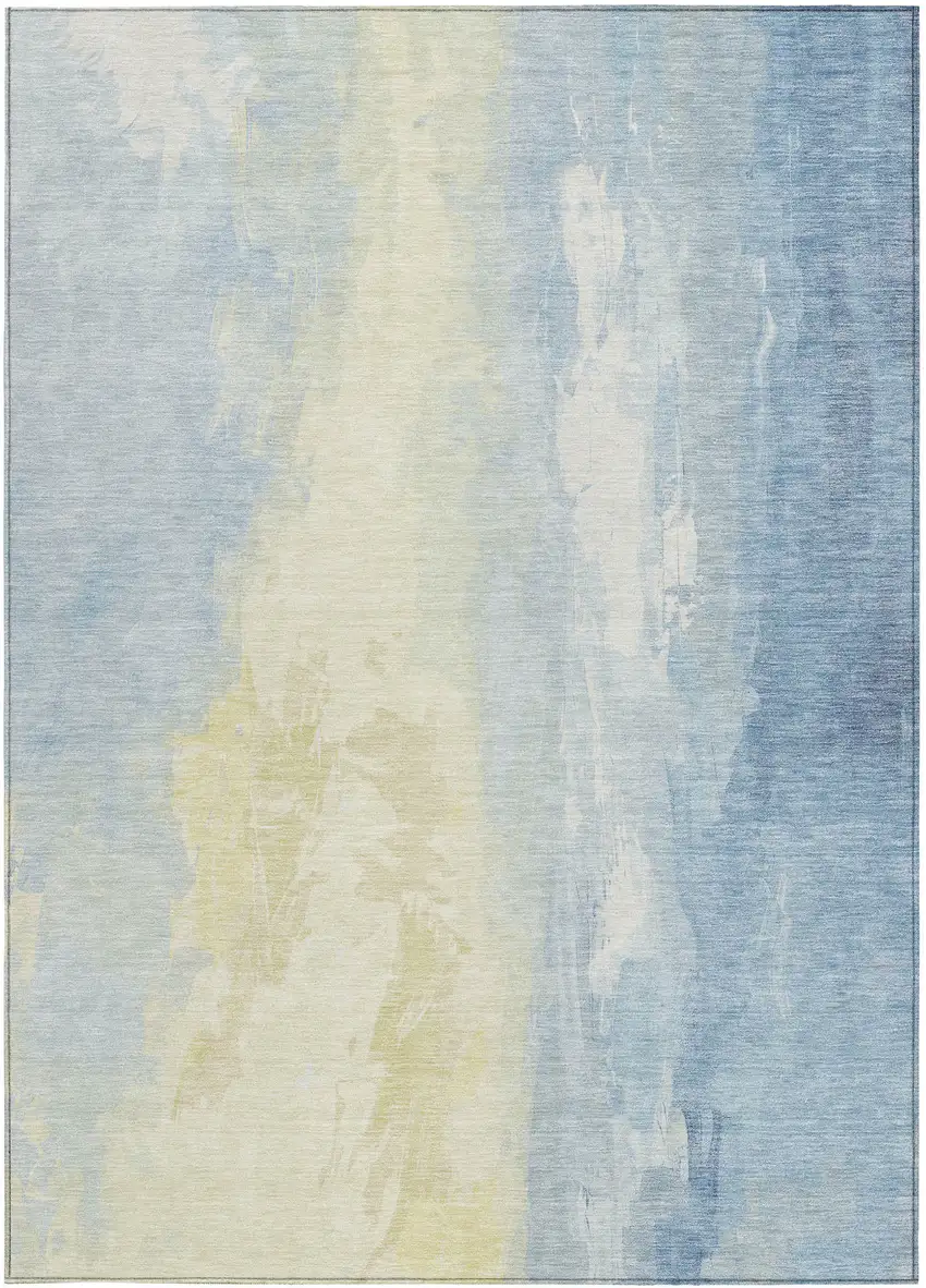 Denim Blue And Beige Abstract Washable Indoor Outdoor Area Rug Photo 1