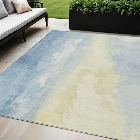 Denim Blue And Beige Abstract Washable Indoor Outdoor Area Rug Photo 2