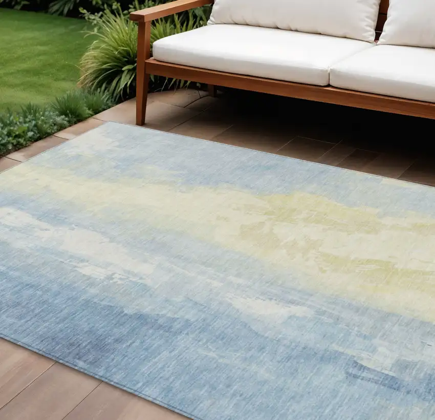 Denim Blue And Beige Abstract Washable Indoor Outdoor Area Rug Photo 2