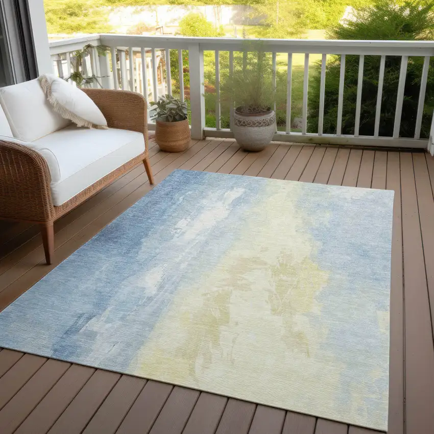 Denim Blue And Beige Abstract Washable Indoor Outdoor Area Rug Photo 4