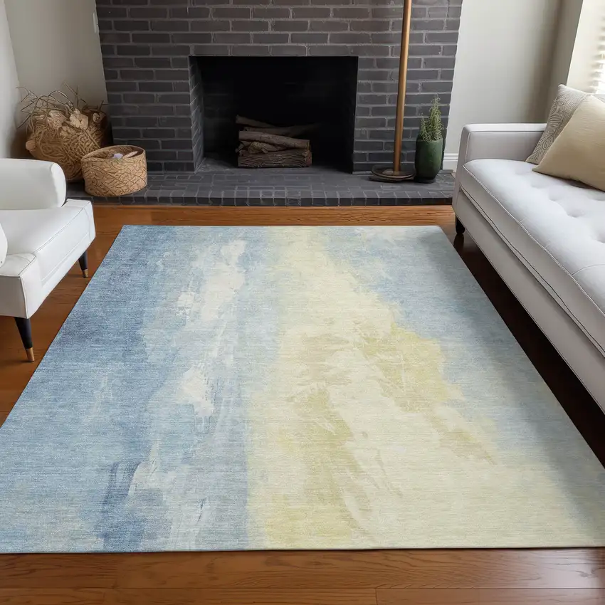 Denim Blue And Beige Abstract Washable Indoor Outdoor Area Rug Photo 6