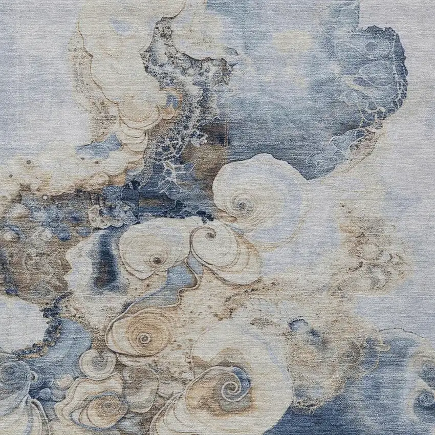 Denim Blue And Beige Abstract Washable Indoor Outdoor Area Rug Photo 3