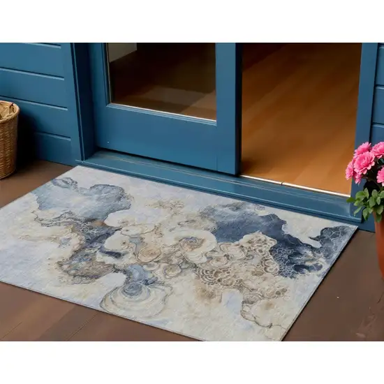Denim Blue And Beige Abstract Washable Indoor Outdoor Area Rug Photo 2