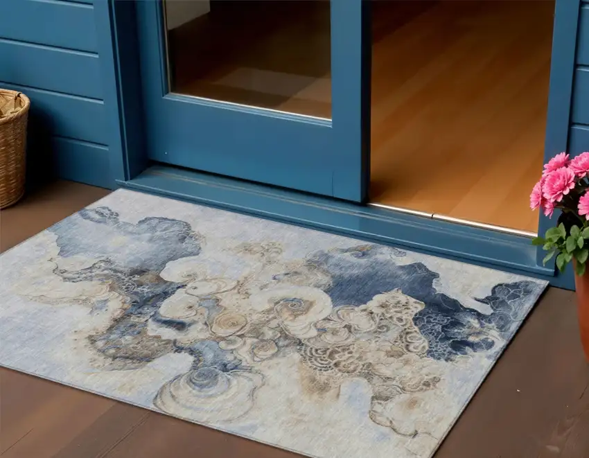 Denim Blue And Beige Abstract Washable Indoor Outdoor Area Rug Photo 2