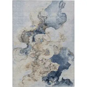 Photo of Denim Blue And Beige Abstract Washable Indoor Outdoor Area Rug