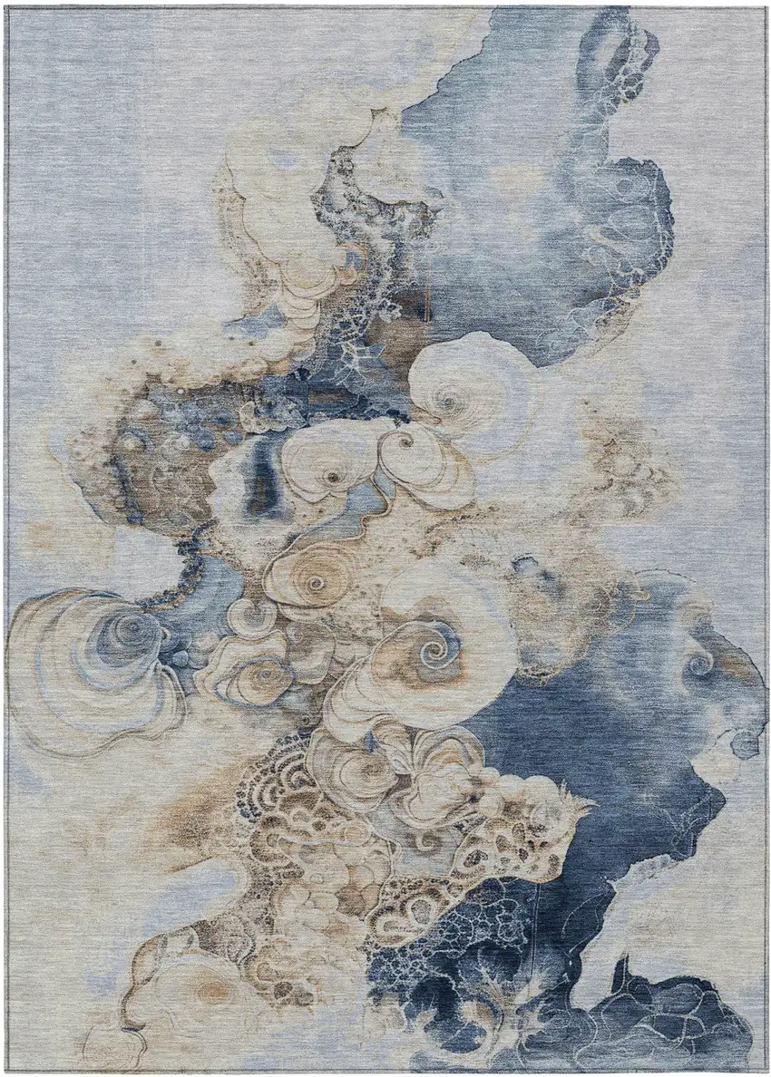 Denim Blue And Beige Abstract Washable Indoor Outdoor Area Rug Photo 1