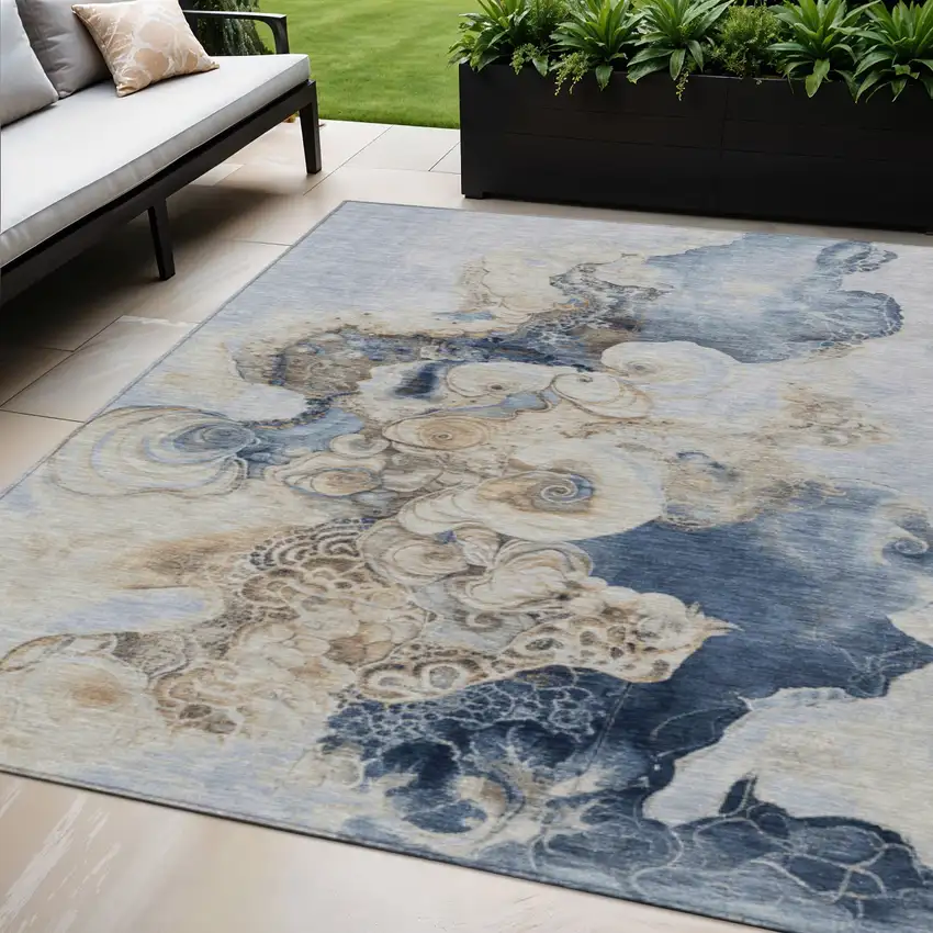 Denim Blue And Beige Abstract Washable Indoor Outdoor Area Rug Photo 2