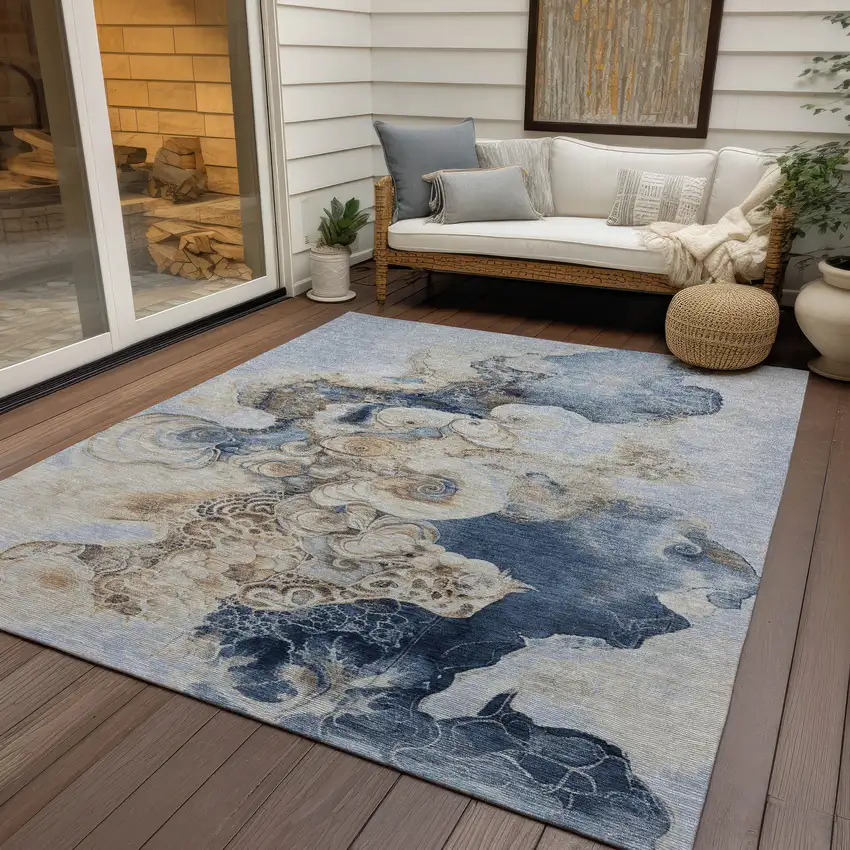 Denim Blue And Beige Abstract Washable Indoor Outdoor Area Rug Photo 5