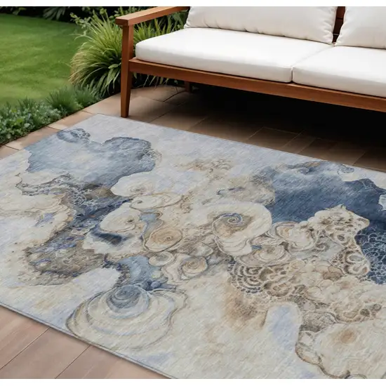 Denim Blue And Beige Abstract Washable Indoor Outdoor Area Rug Photo 2