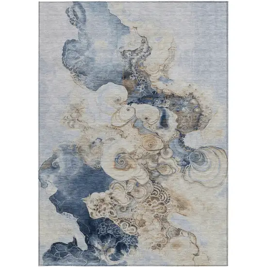 Denim Blue And Beige Abstract Washable Indoor Outdoor Area Rug Photo 4