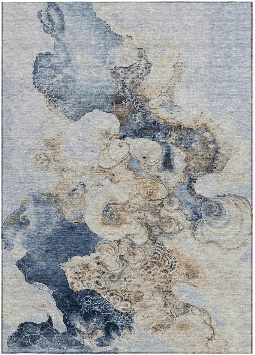 Denim Blue And Beige Abstract Washable Indoor Outdoor Area Rug Photo 4