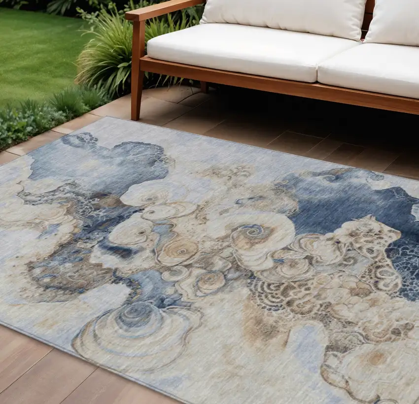 Denim Blue And Beige Abstract Washable Indoor Outdoor Area Rug Photo 2