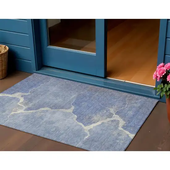 Denim Blue And Beige Abstract Washable Indoor Outdoor Area Rug Photo 2