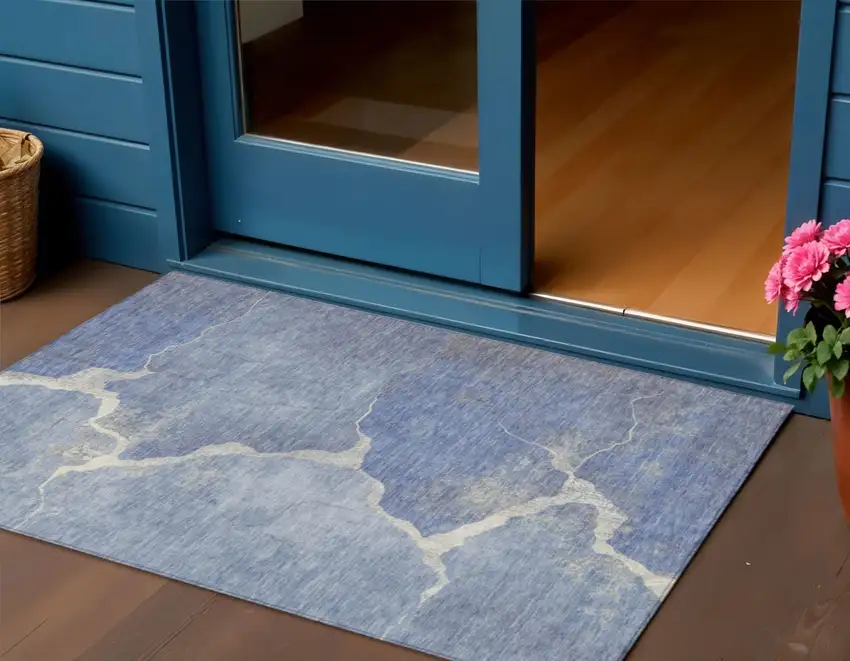 Denim Blue And Beige Abstract Washable Indoor Outdoor Area Rug Photo 2