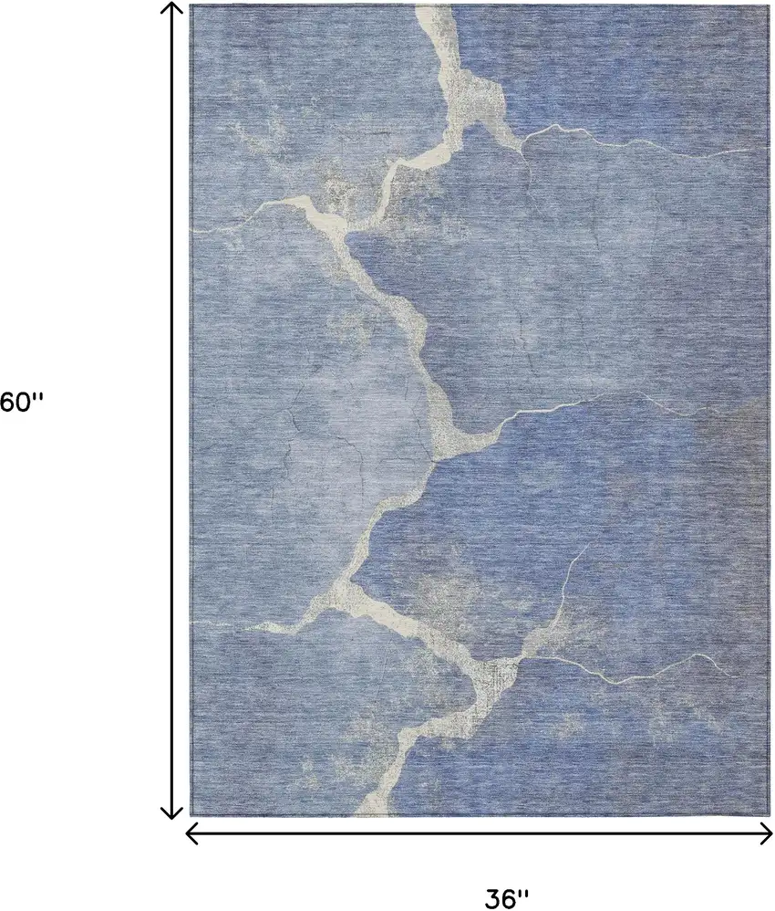 Denim Blue And Beige Abstract Washable Indoor Outdoor Area Rug Photo 9