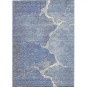 Photo of Denim Blue And Beige Abstract Washable Indoor Outdoor Area Rug