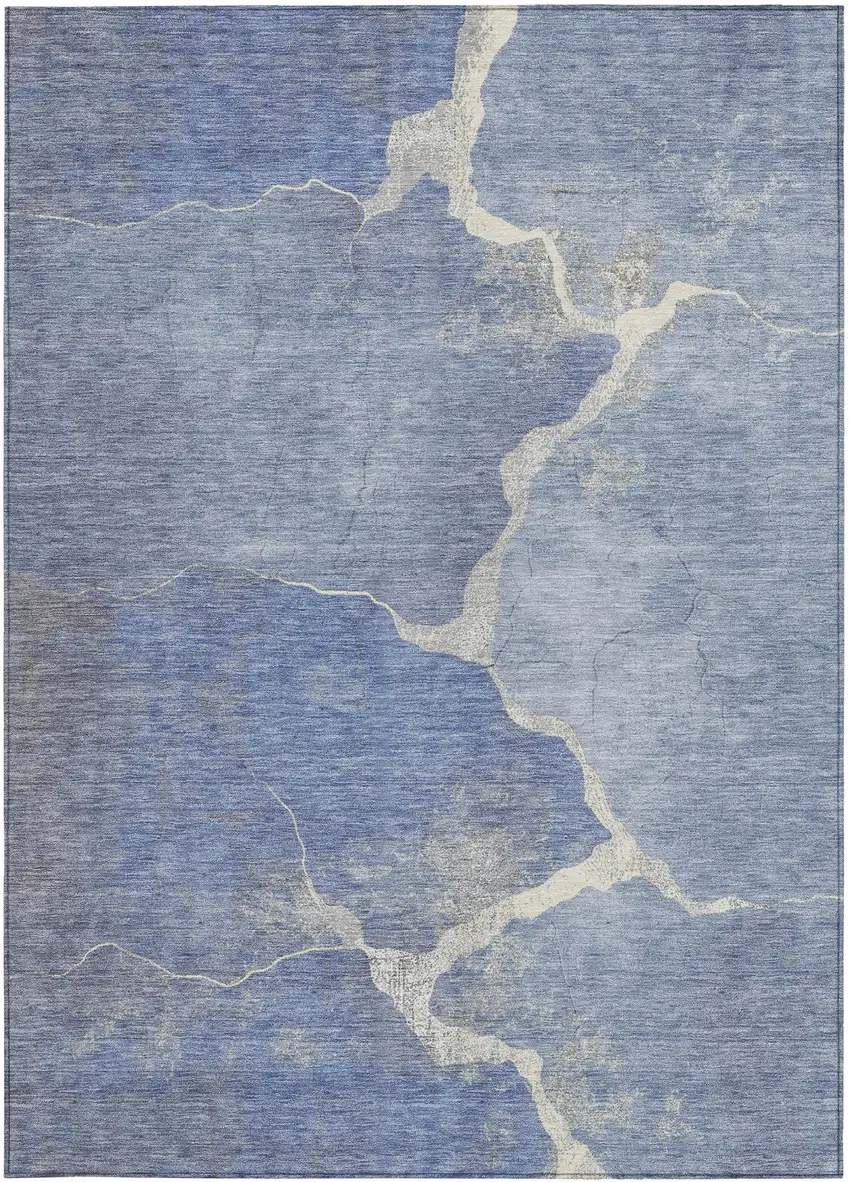 Denim Blue And Beige Abstract Washable Indoor Outdoor Area Rug Photo 1