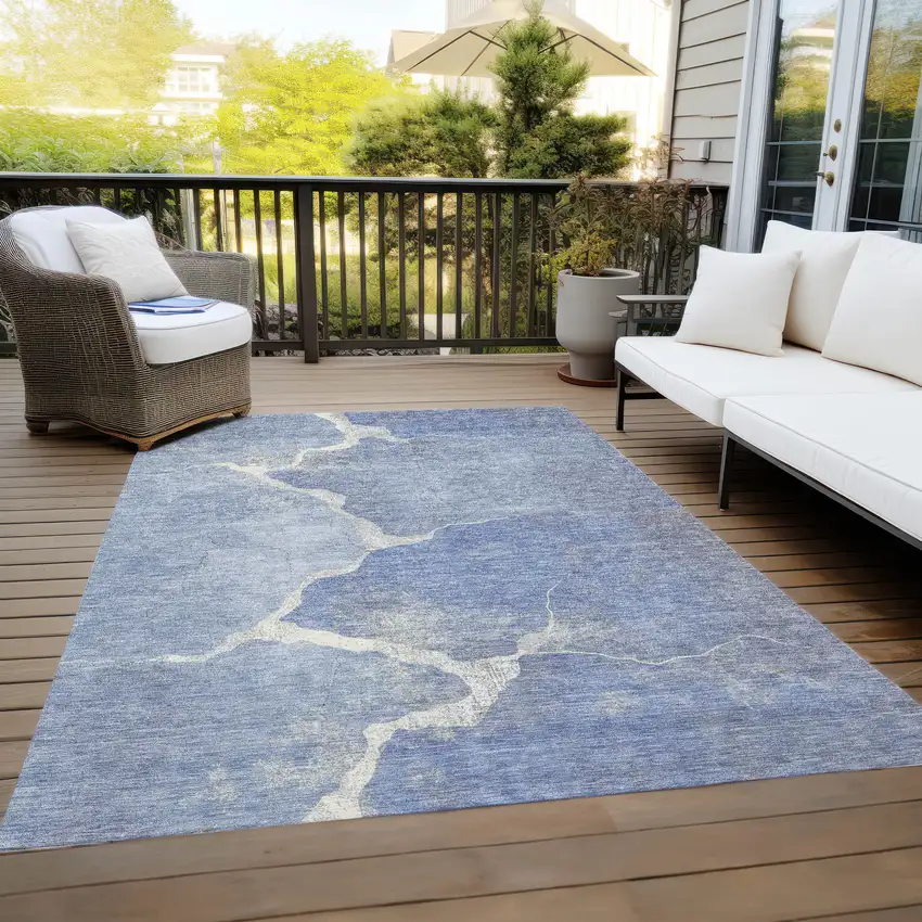 Denim Blue And Beige Abstract Washable Indoor Outdoor Area Rug Photo 7