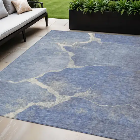 Denim Blue And Beige Abstract Washable Indoor Outdoor Area Rug Photo 2