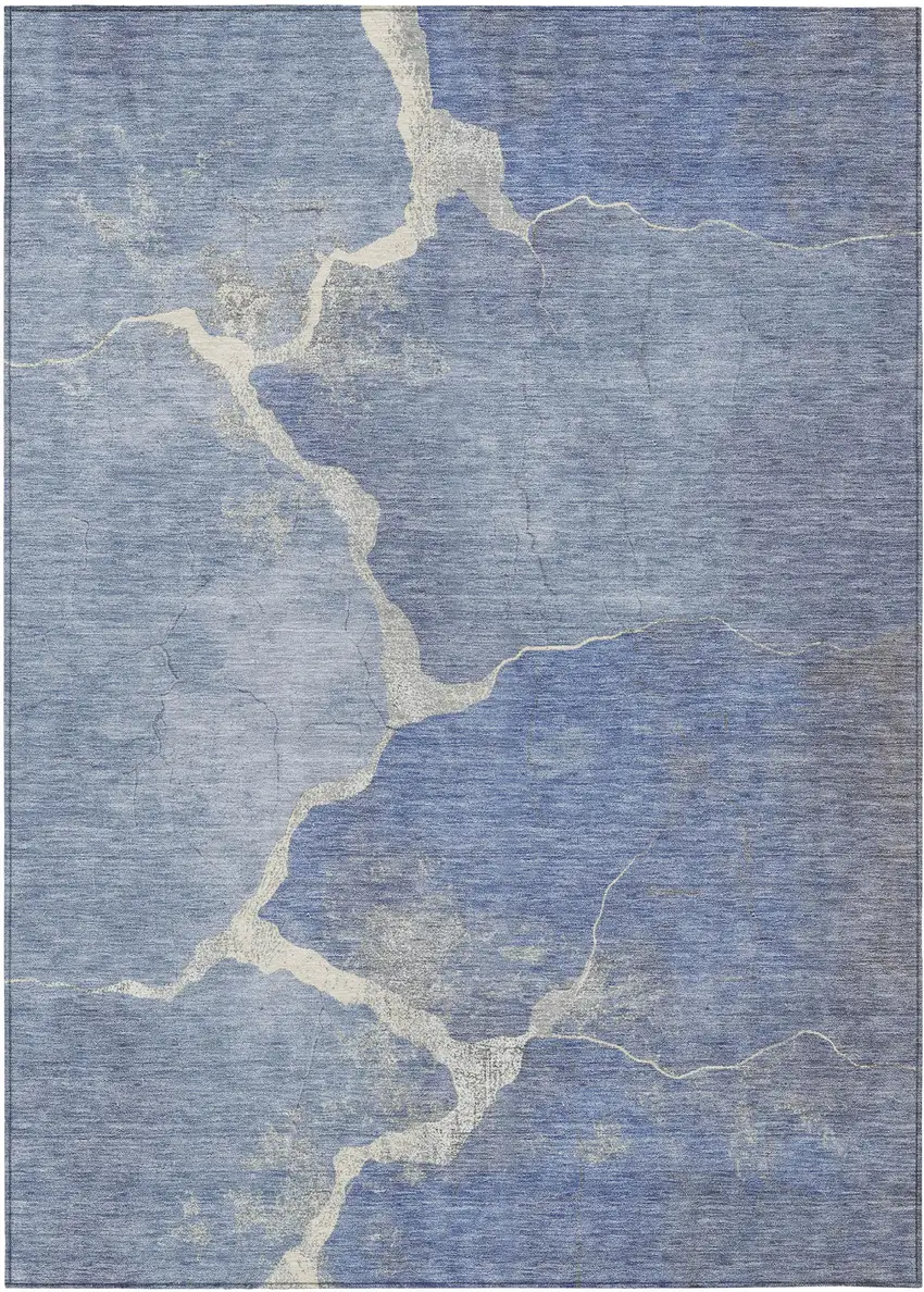 Denim Blue And Beige Abstract Washable Indoor Outdoor Area Rug Photo 8