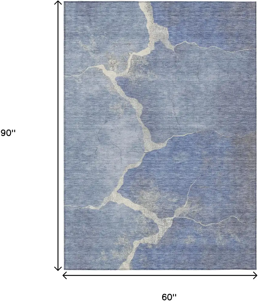 Denim Blue And Beige Abstract Washable Indoor Outdoor Area Rug Photo 9