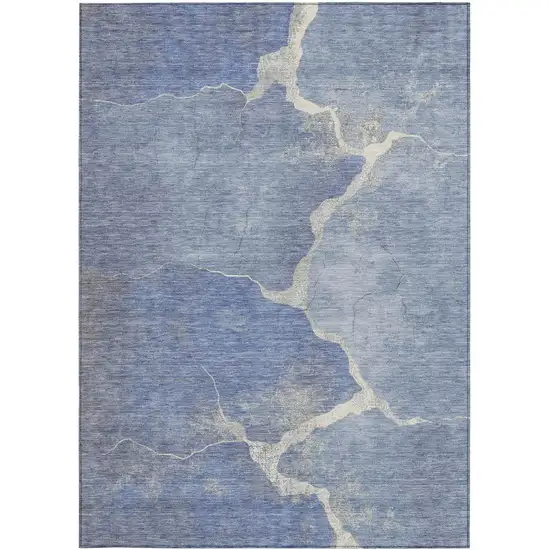 Denim Blue And Beige Abstract Washable Indoor Outdoor Area Rug Photo 1