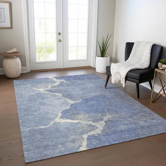 Denim Blue And Beige Abstract Washable Indoor Outdoor Area Rug Photo 5