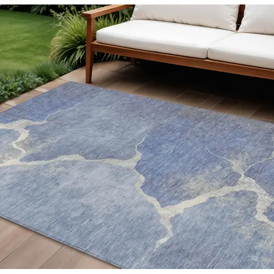 Denim Blue And Beige Abstract Washable Indoor Outdoor Area Rug Photo 2