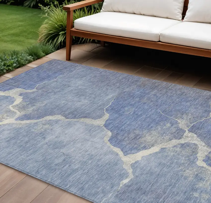 Denim Blue And Beige Abstract Washable Indoor Outdoor Area Rug Photo 2