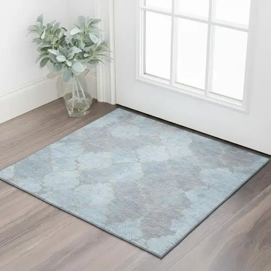 Denim Blue And Beige Damask Washable Area Rug With UV Protection Photo 2