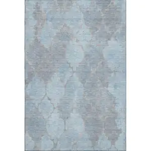 Photo of Denim Blue And Beige Damask Washable Area Rug With UV Protection